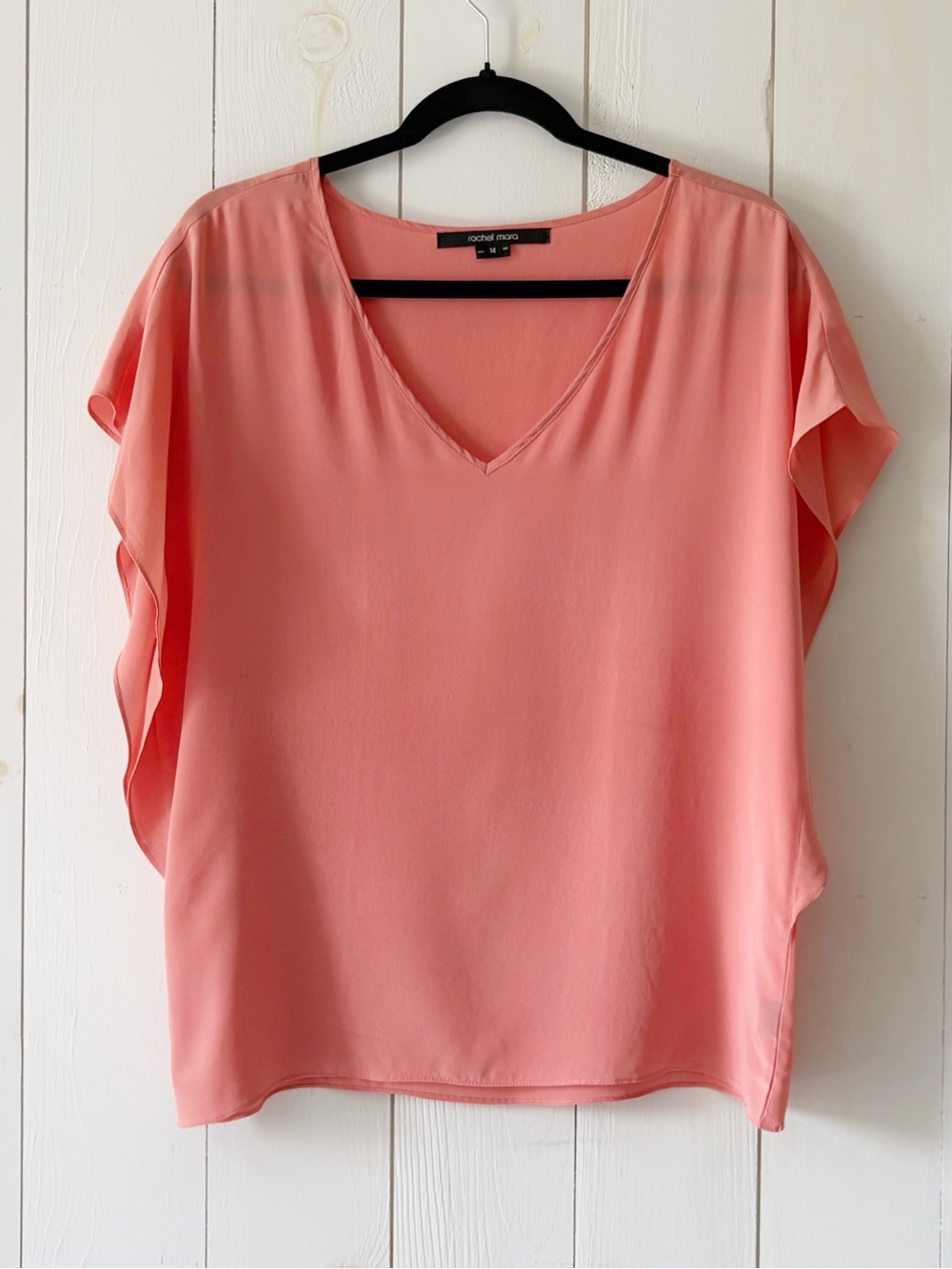 Rachel Mara 100% Silk Coral Feminine V-Neck Dolman Sleeves Ruffles Blouse Size M